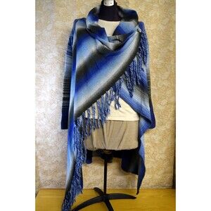 Lovestitch Sz Small Blanket Wrap Cardigan Mexican Blanket Fringe Blue Green EUC